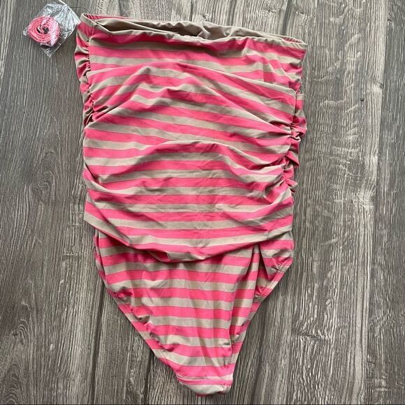 DKNY Barbie Strapless Stripes Criss Cross Front One Piece Swimsuit - Picture 5 of 7